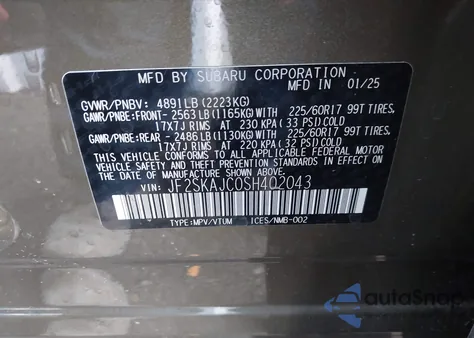 2025 Subaru Forester Wilderness z USA, uszkodzony, nr VIN JF2SKAJC0SH402043